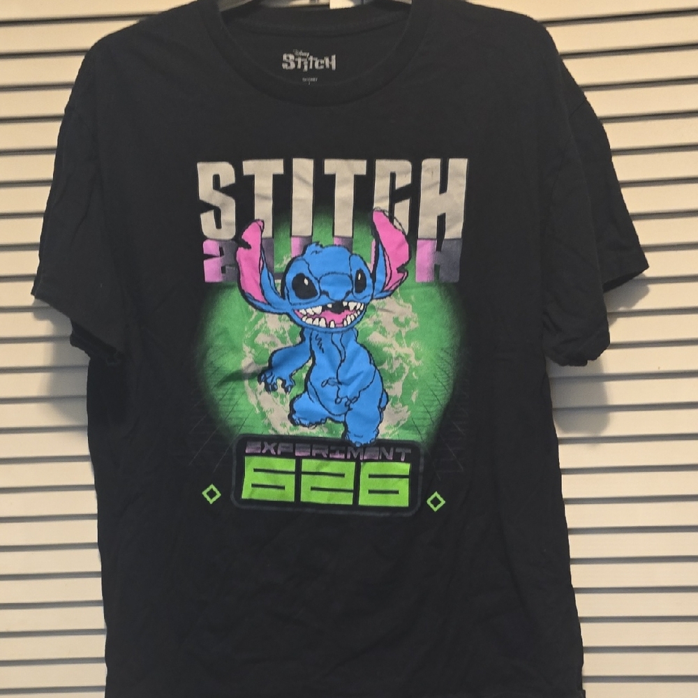 Disney Stitch Black T-Shirt with Blue and Pink Design